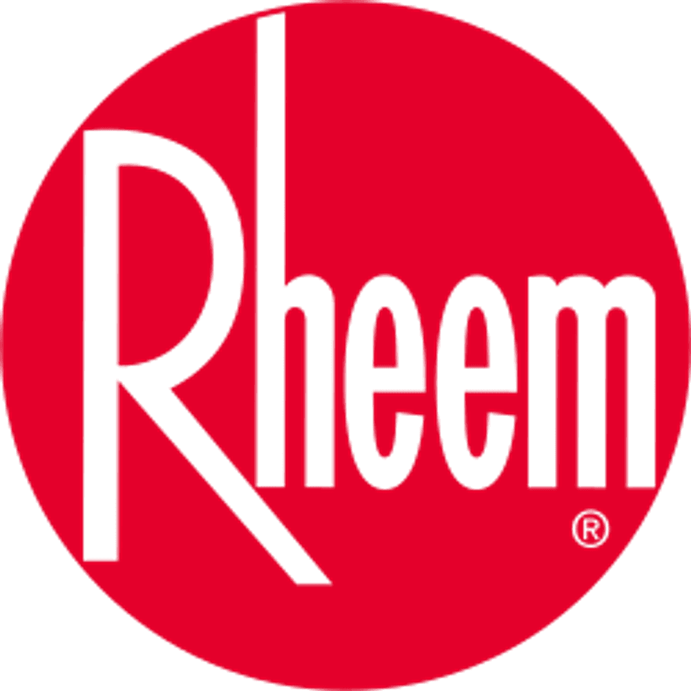 Rheem logo in red circle, showcasing modern typography and brand identity.