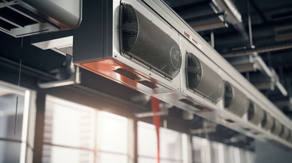 Commercial HVAC system with ceiling-mounted air conditioning units in a modern interior.